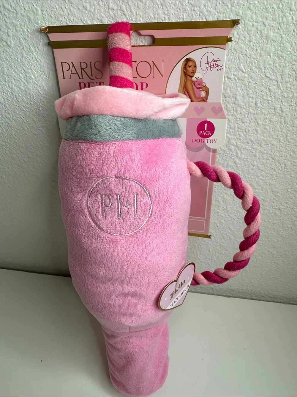 Paris Hilton Pink Plush Shake Dog Toy with Striped Rope Handle